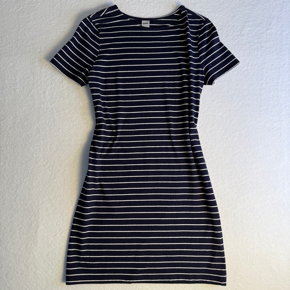 Striped Cotton Dress Navy White T Shirt Short Sleeve Bateau Neck Size XS Minimal